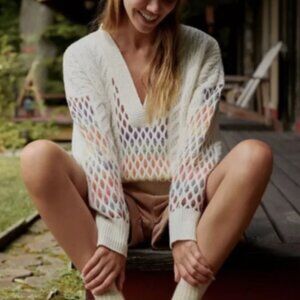 Maeve Cream Open-Knit V-Neck Sweater with Pastel Rainbow Accents